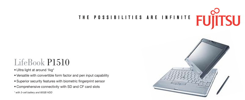 The Fujitsu LIfeBook P1510 was an 8.9" laptop with a screen that spun around and folded flat for use as a tablet. It came in a matte silver finish with black bezels around the screen. The keyboard featured a ThinkPad-style pointer and the resistive screen worked with a stylus.
