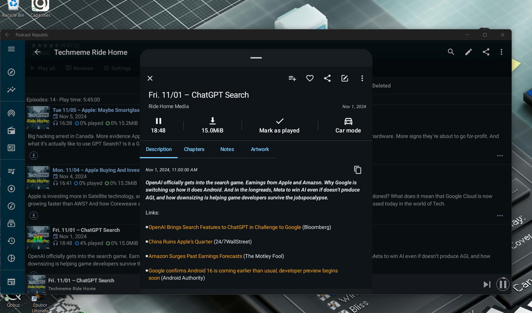 Screenshot of Podcast page after clicking on an episode, showing options