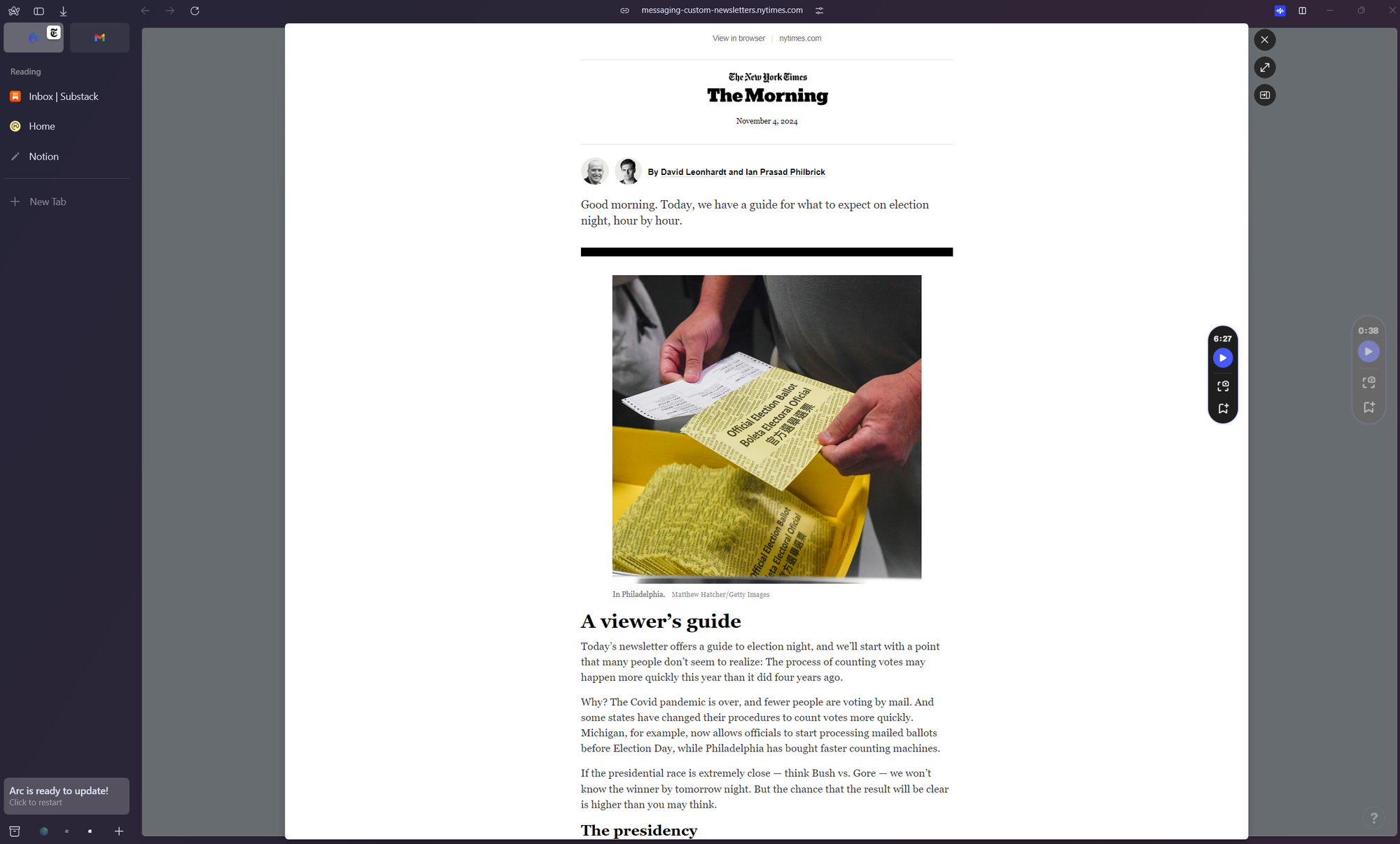 Screenshot of an email newsletter being displayed in a pop-up window in the Arc browser