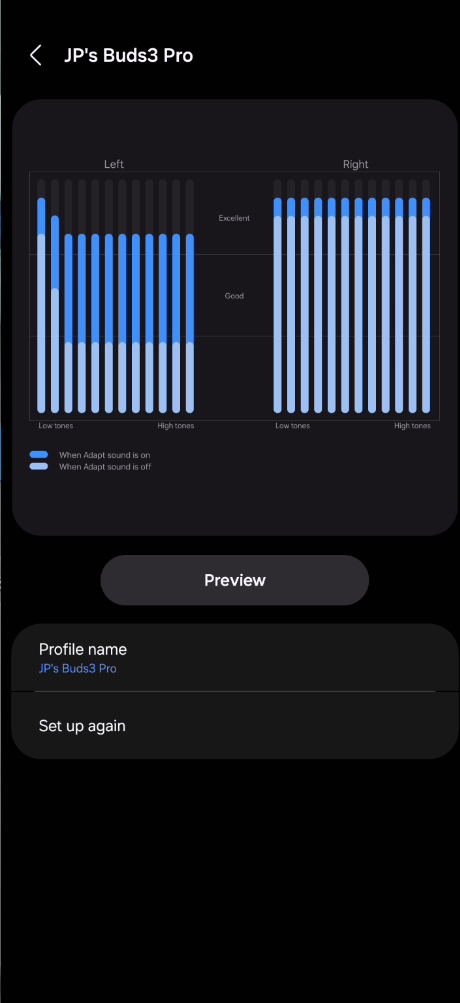 A screenshot of the Wearable app showing my hearing profile where there is significant loss represented on the left side