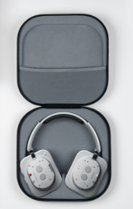 The Nothing Headphone 1 are pictured in white in their gray hard case, which is open and reveals the pouch for storage