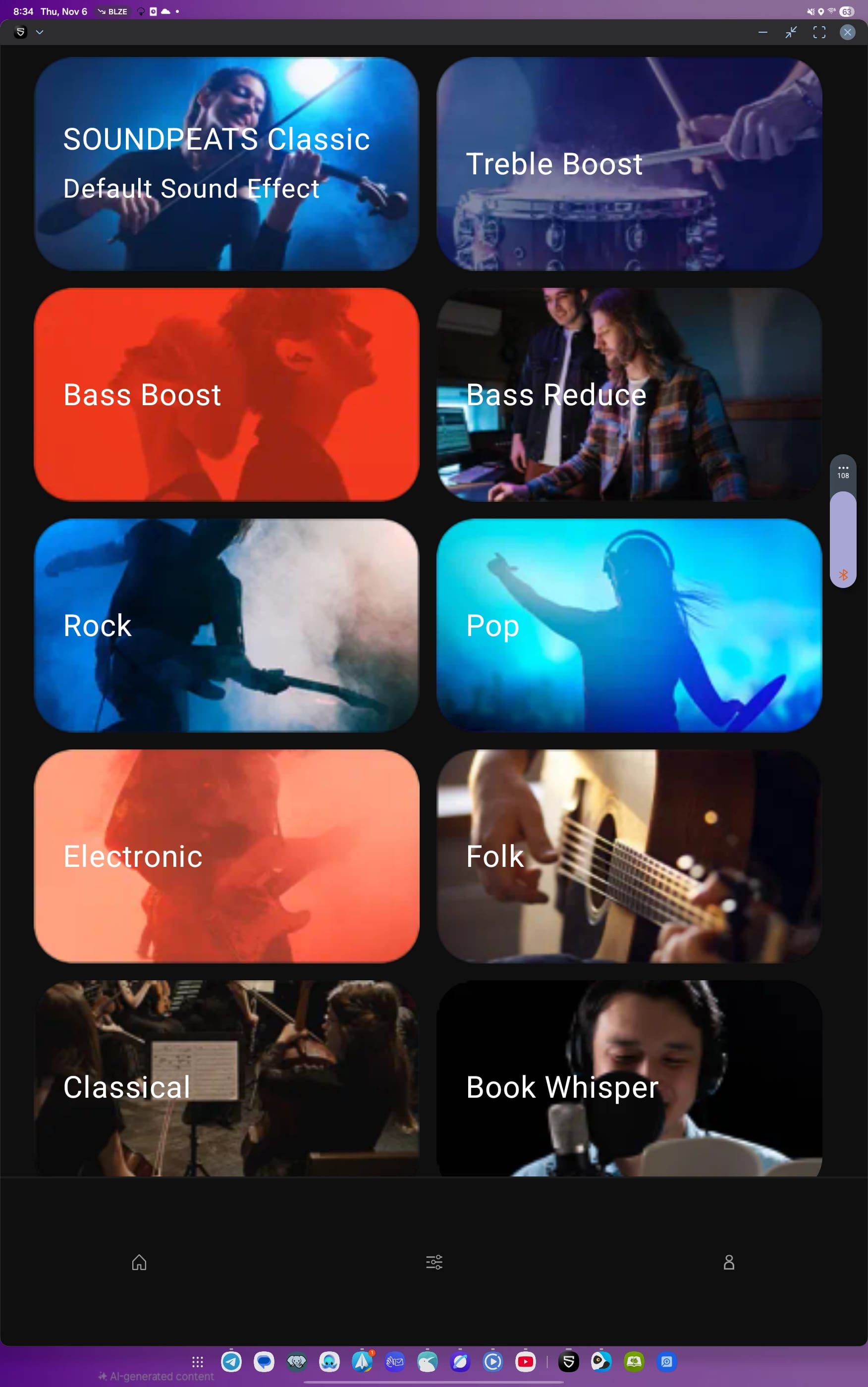 SoundPeats EQ presets - classic, treble boost, bass boost, bass reduce, rock, pop, electronic, folk, classical, book whisper