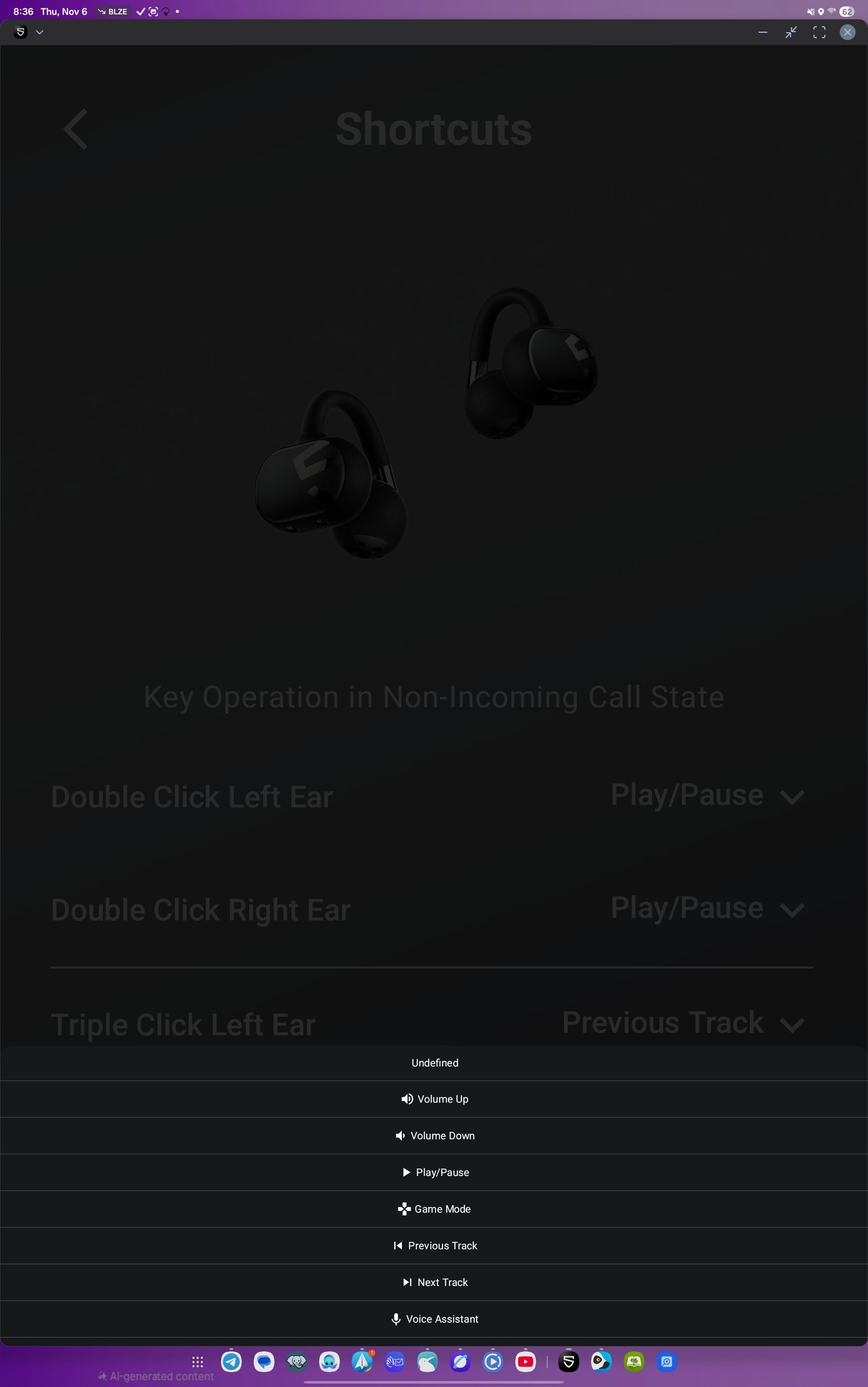 Options to customize the controls - volume up, volume down, play/pause, game mode, previous track, next track, voice assistant