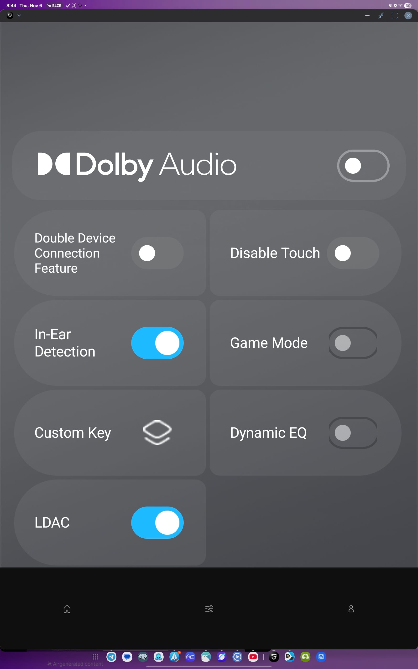 Home screen for the SoundPeats app for the Clip 1; control Dolby audio, turn on/off LDAC, disable touch, in-ear detection, game mode, customize controls, dynamic EQ