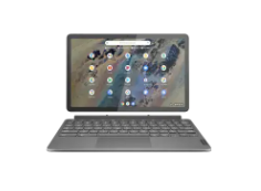 A photo of the HP Chromebook Duet 3, an 11" 2-in-1. The screen is showing a grid of applications.