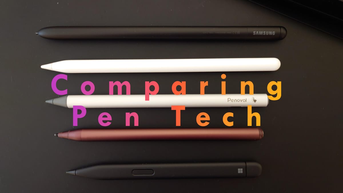 Samsung S Pen Pro, Apple Pencil, Penoval USI 2.0, Renaisser MPP, and Microsoft Surface Pen 2 laying on a black background