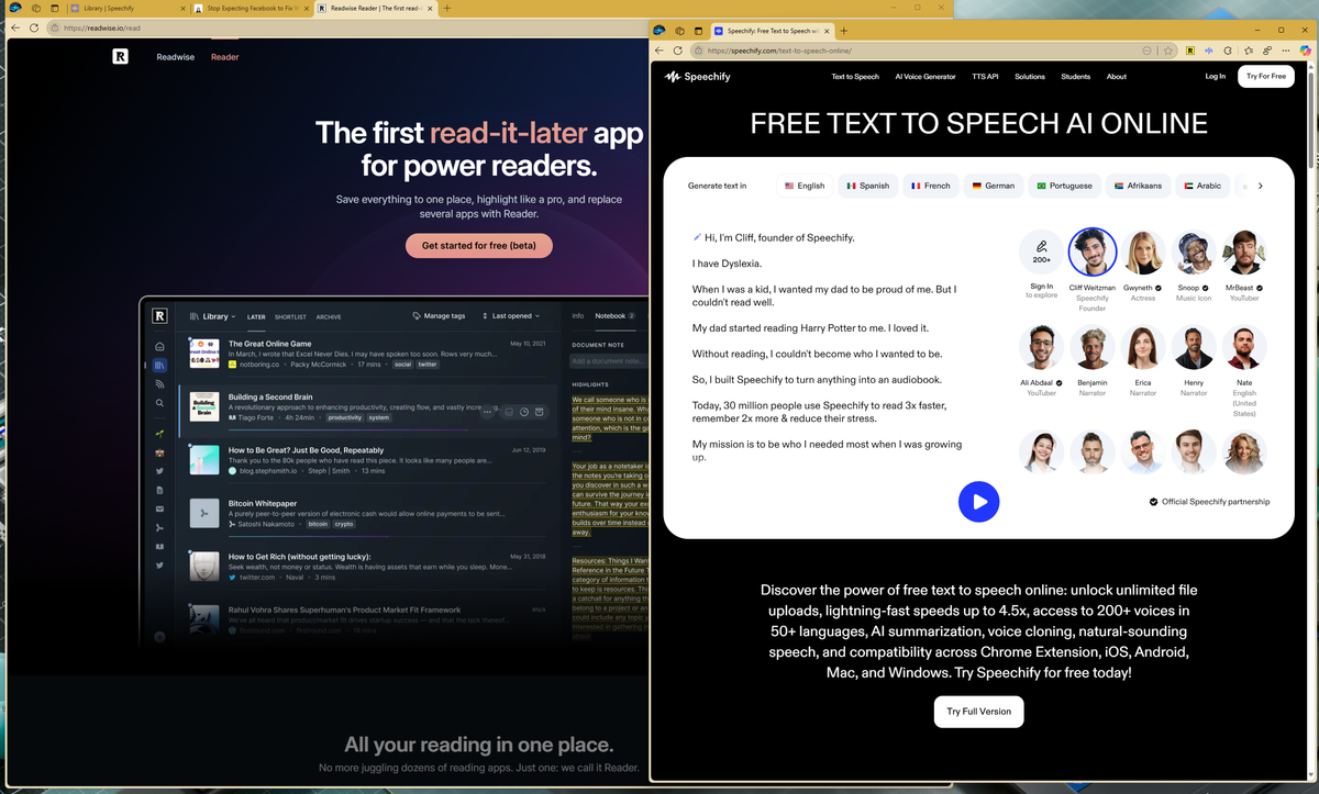 Web pages for Readwise and Speechify