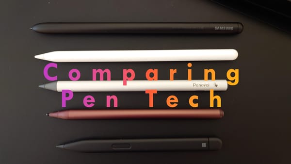 Samsung S Pen Pro, Apple Pencil, Penoval USI 2.0, Renaisser MPP, and Microsoft Surface Pen 2 laying on a black background