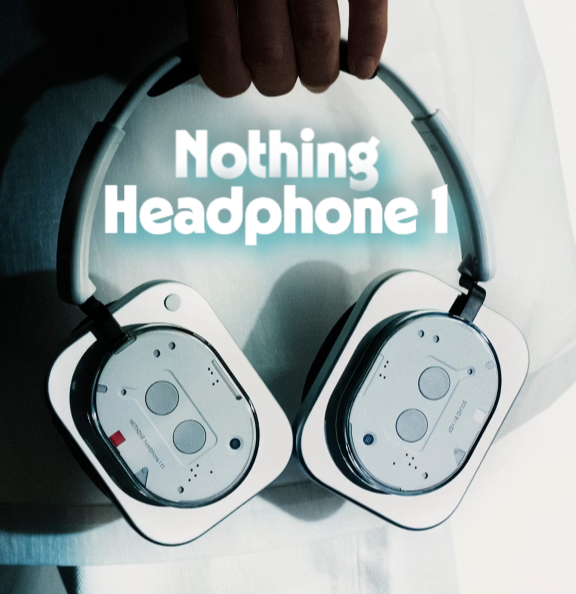 A product photo of the Nothing Headphone 1 in white, with lettering saying "Nothing Headhpone 1" above it
